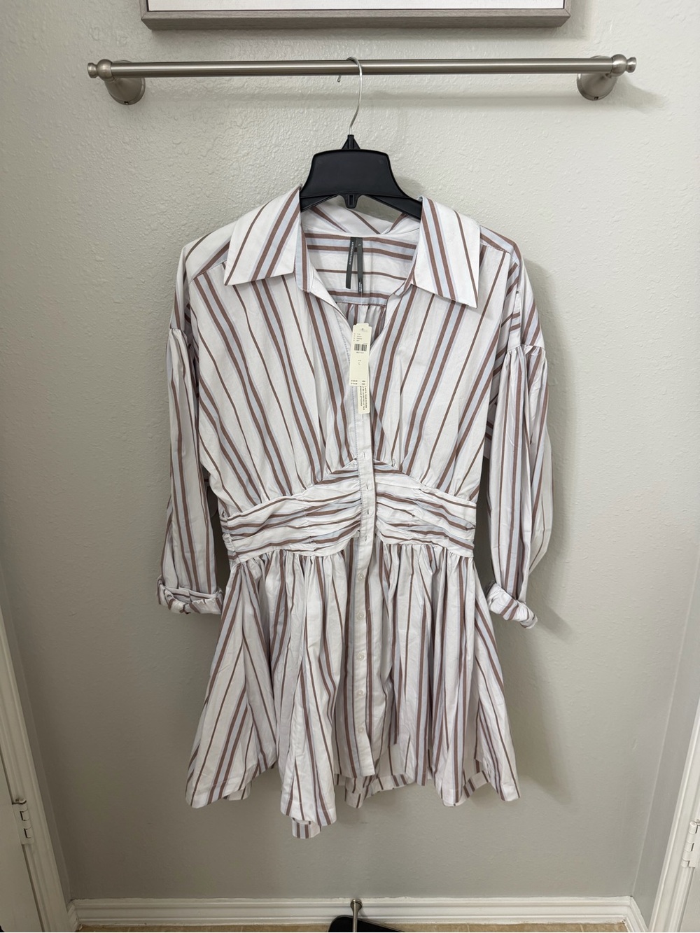 Anthropologie White Dress with Brown Stripes and Gathered Waist